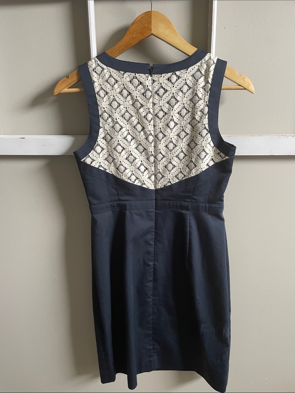 Ann Taylor Navy Midi Dress with Cream Lace Accents - Picture 4 of 12